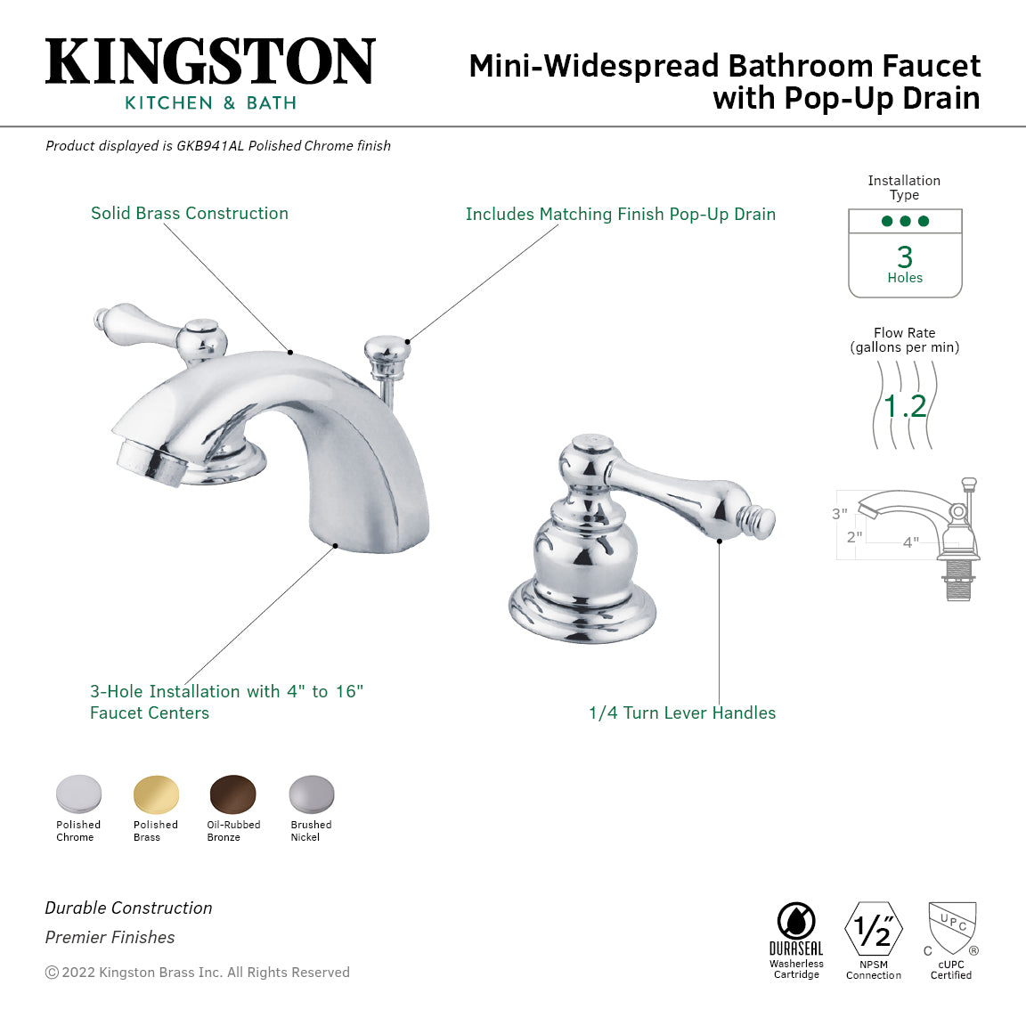 Kingston Heirloom GKB942AL - Magellan Two-Handle 3-Hole Deck Mount Mini-Widespread Bathroom Faucet with Pop-Up Drain, Polished Brass — thumbnail 2